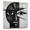Abstract figurative wall art displayed in a side view, showcasing vibrant colors and intricate details, framed in acrylic glass with visible mounting pins.