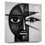 Abstract figurative wall art displayed from a side view, featuring vibrant colors and dynamic shapes, encased in sleek acrylic glass, perfect for modern decor.