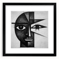 Abstract figurative wall art featuring dynamic shapes and vibrant colors, framed in black with a white mat, ideal for modern home decor and artistic spaces.