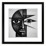 Abstract figurative wall art featuring dynamic shapes and vibrant colors, framed in black with a white mat, ideal for modern home decor and artistic spaces.