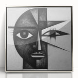 Framed abstract figurative wall art featuring a silver-acrylic finish, showcasing vibrant colors and dynamic shapes, perfect for modern home decor.
