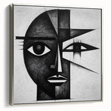 Framed abstract figurative wall art in silver, showcasing dynamic shapes and colors, presented in a stylish side view against a neutral backdrop. Ideal for modern decor.