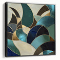 Framed abstract geometric canvas art in black, showcasing intricate shapes and patterns, ideal for modern home decor, displayed from a side view.