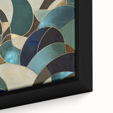 Close-up view of an abstract geometric framed canvas art piece, showcasing vibrant colors and intricate patterns, perfect for modern home decor.