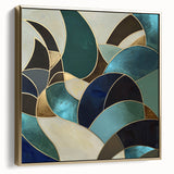 Abstract geometric framed canvas art featuring silver and gold tones, showcasing intricate shapes and patterns. Ideal for modern home decor and stylish interiors.