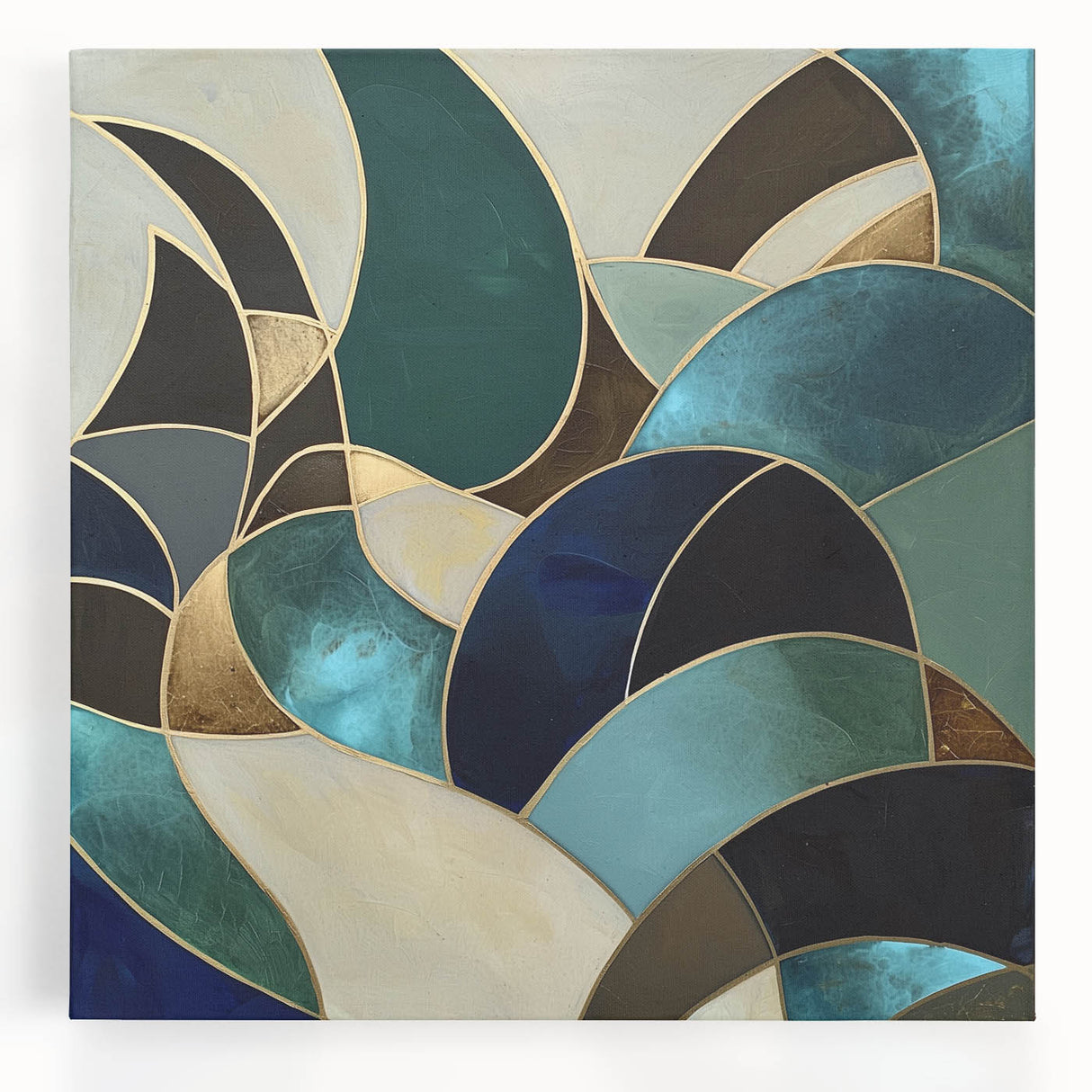 Abstract geometric canvas artwork showcasing vibrant colors and dynamic shapes, perfect for modern home decor. The piece features a striking design that adds a contemporary touch to any living space.
