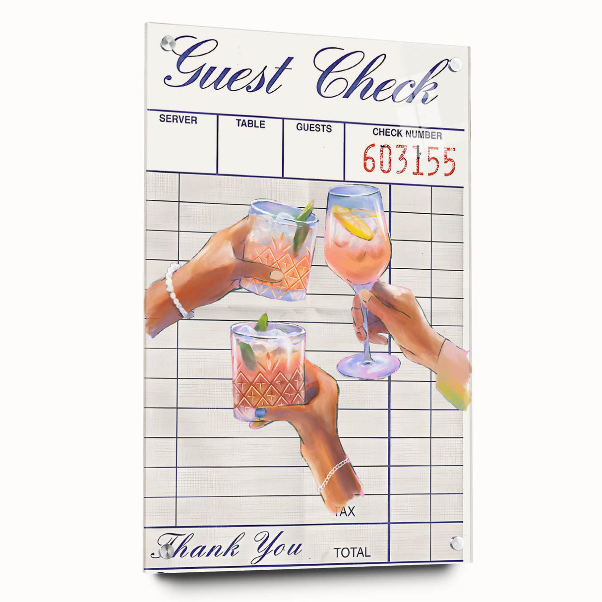 Large abstract wall art depicting various foods and drinks in vibrant colors on acrylic glass, ideal for dining room decor.