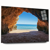 Landscape acrylic artwork depicting serene beaches, showcasing vibrant colors of blue and golden sand, elegantly presented in a side view without pins. Perfect for coastal décor enthusiasts.