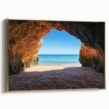 Framed landscape canvas art showcasing a serene beach scene with golden accents, ideal for coastal-themed decor. Perfect for enhancing living spaces with tranquility.