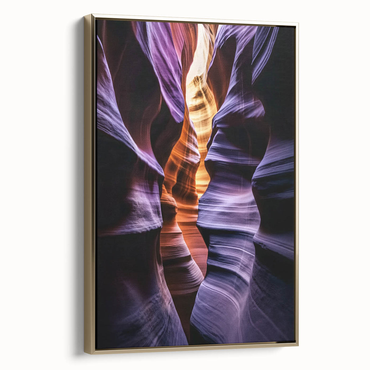 Framed canvas artwork showcasing a stunning landscape of canyons, featuring rich earth tones and intricate details, accented by a stylish gold frame, perfect for home decor.