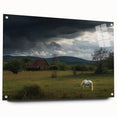 Acrylic glass landscape artwork showcasing a serene countryside scene, mounted on a sleek side view display with pins, ideal for modern home decor.