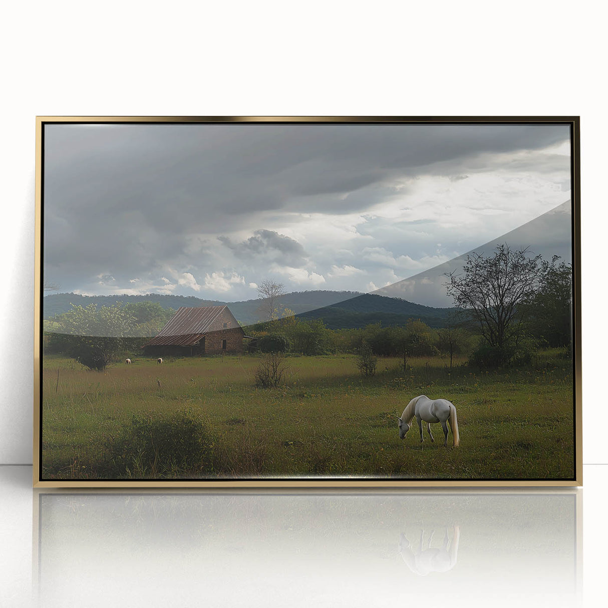 Framed acrylic artwork depicting a serene countryside landscape in gold tones, showcasing lush greenery and rolling hills, perfect for home decor enhancement.