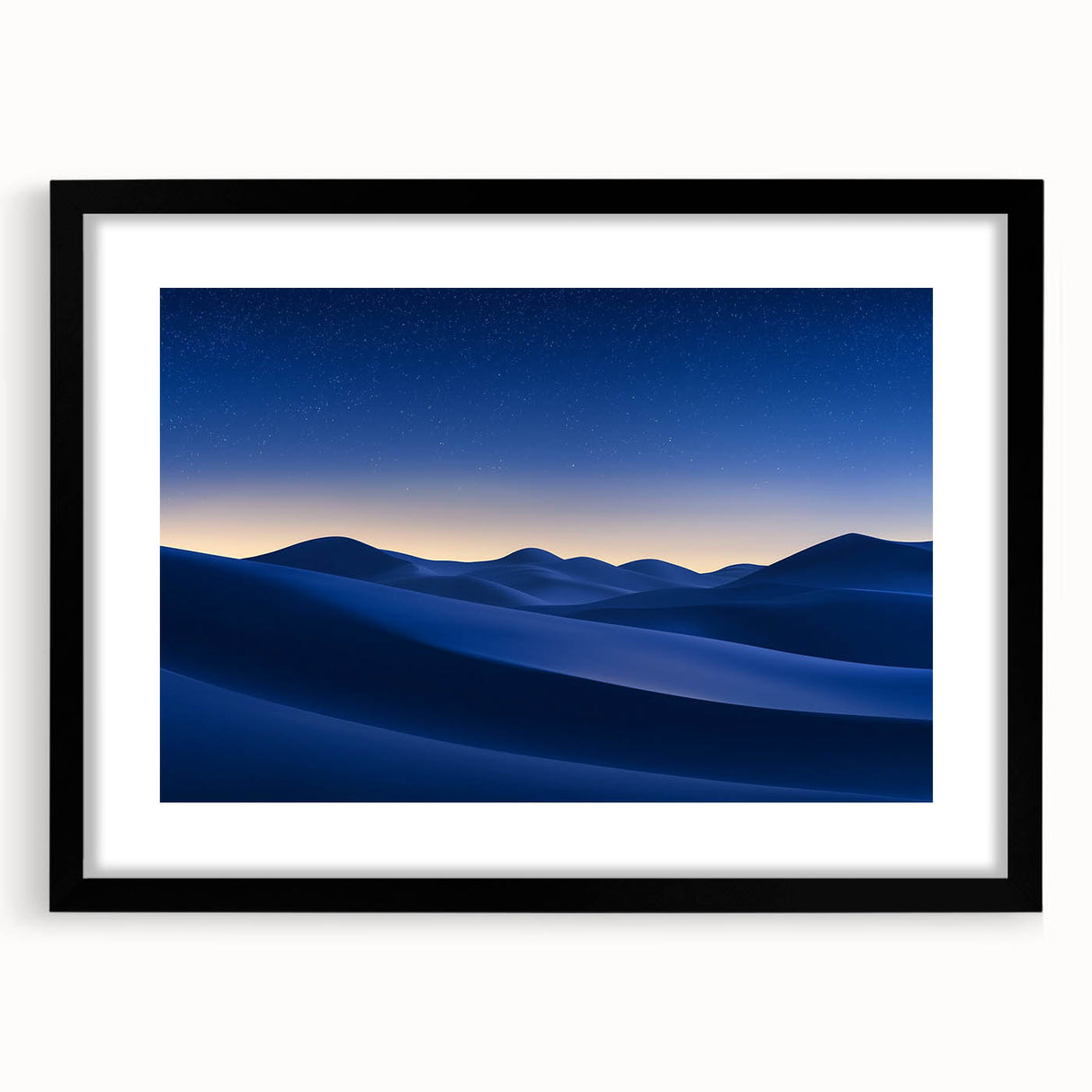 Framed desert landscape artwork with a black mat, showcasing vibrant hues of orange and brown, ideal for enhancing contemporary home décor and wall aesthetics.