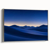Framed canvas artwork depicting a stunning desert landscape with vibrant colors and intricate details, showcased from a side view with a sleek silver frame. Perfect for home decor enthusiasts.