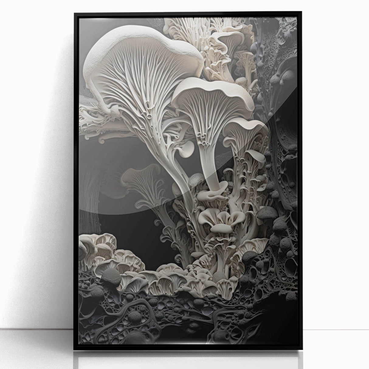 Large abstract wall art in black and white, framed acrylic, featuring mid-century modernist elements.