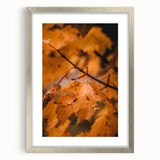 Textured art depicting abstract fall foliage in earth tones on a silver-framed canvas, ideal for bedroom decor.