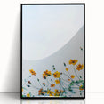 Large abstract wall art featuring a mid-century modernist spring scene in muted green and pink, framed in black acrylic.