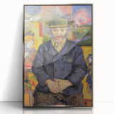 Large art print of a Van Gogh-inspired acrylic painting in a silver frame, featuring vivid blues and yellows.