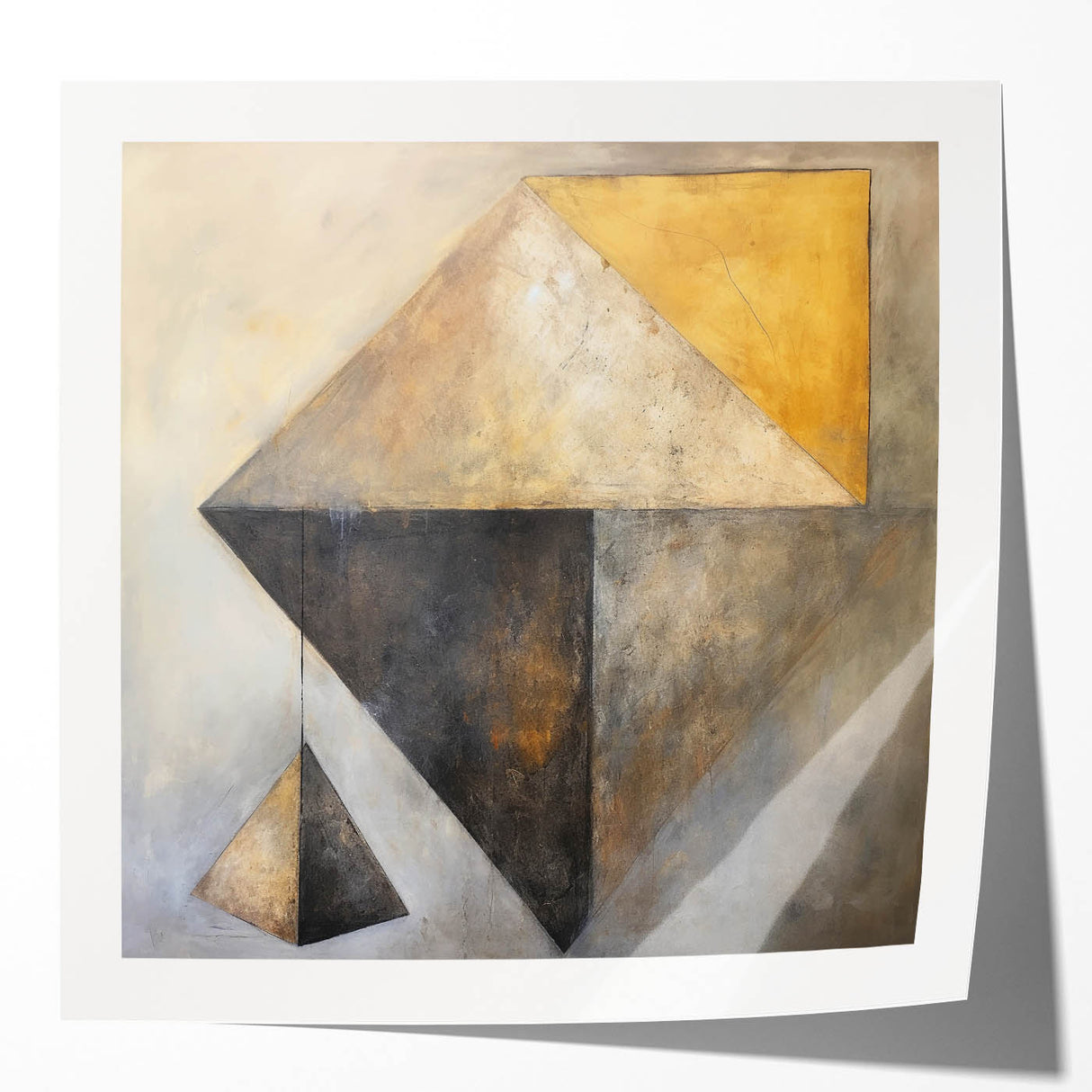 Abstract wall art print featuring vibrant strokes in blue, orange, and yellow hues, perfect for modern home decor, displayed on a glossy surface.