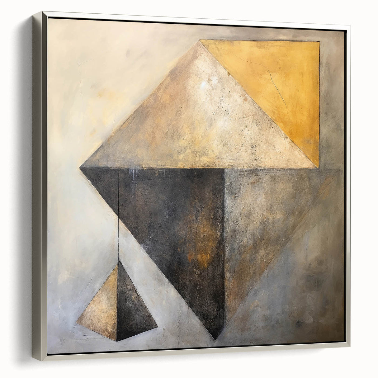 Framed abstract strokes wall art featuring a modern design with silver accents, displayed from a side view, ideal for contemporary home decor.