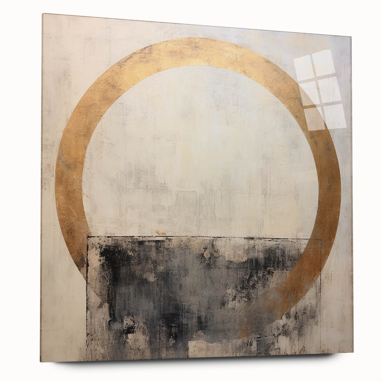 Abstract wall art featuring vibrant strokes in blue, gold, and white, displayed in a sleek acrylic glass frame, highlighting modern design aesthetics.