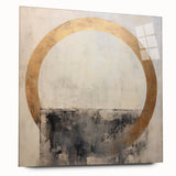 Abstract wall art featuring vibrant strokes in blue, gold, and white, displayed in a sleek acrylic glass frame, highlighting modern design aesthetics.