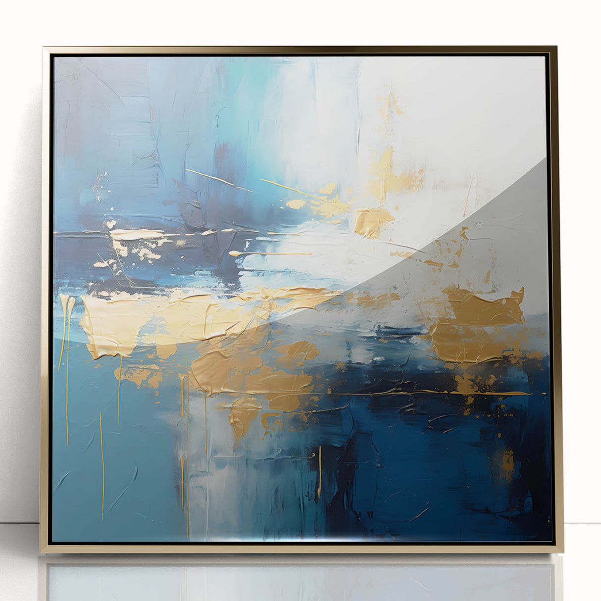 Abstract wall art featuring vibrant gold and teal strokes in a framed acrylic design, perfect for modern decor. Ideal for adding a touch of elegance to any room.
