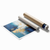Abstract strokes wall art print showcasing vibrant hues of blue, orange, and yellow, rolled and ready for display, perfect for modern home decor.