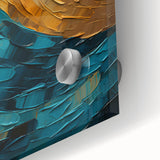 Abstract wall art featuring vibrant strokes in shades of blue, orange, and yellow, printed on acrylic glass with a glossy finish, perfect for modern decor.