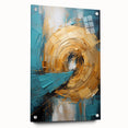 Abstract wall art design showcasing vibrant strokes in blue, pink, and gold on acrylic glass, displayed from a side view with decorative pins. Ideal for modern decor.
