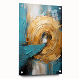 Abstract wall art design showcasing vibrant strokes in blue, pink, and gold on acrylic glass, displayed from a side view with decorative pins. Ideal for modern decor.
