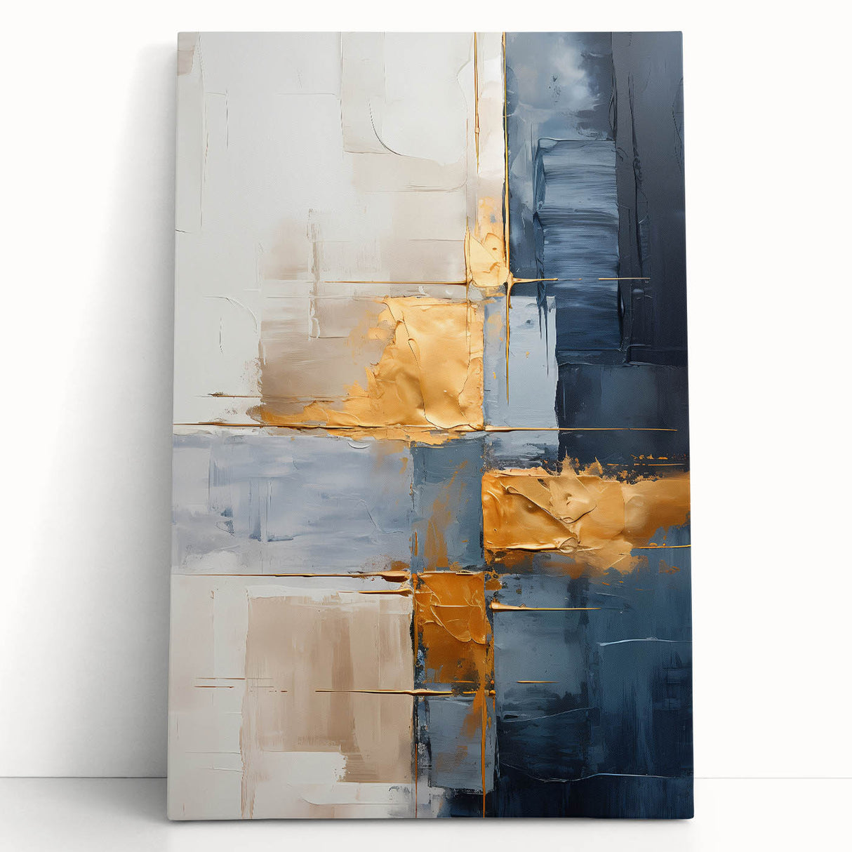 Abstract wall art featuring vibrant, multicolored strokes on a stretched canvas, leaning against a neutral wall, adding a modern artistic touch to interior decor.