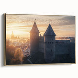 Framed canvas artwork depicting a scenic landscape with an ornate castle, showcased in a gold frame. Ideal for elegant home decor, enhancing any living space.