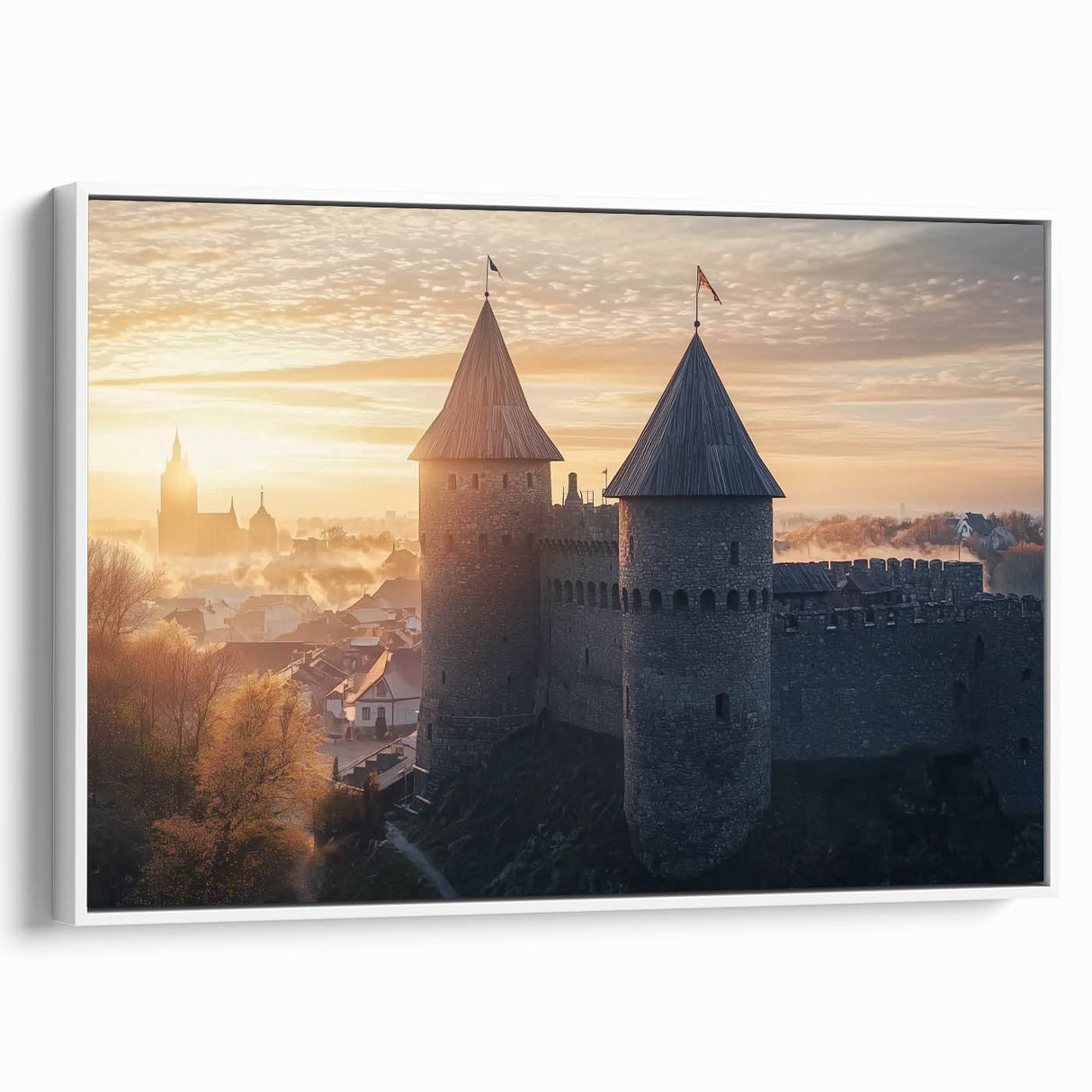 Framed canvas artwork depicting a serene landscape with a majestic castle, showcasing vibrant colors and intricate details, presented with a white frame for an elegant touch.