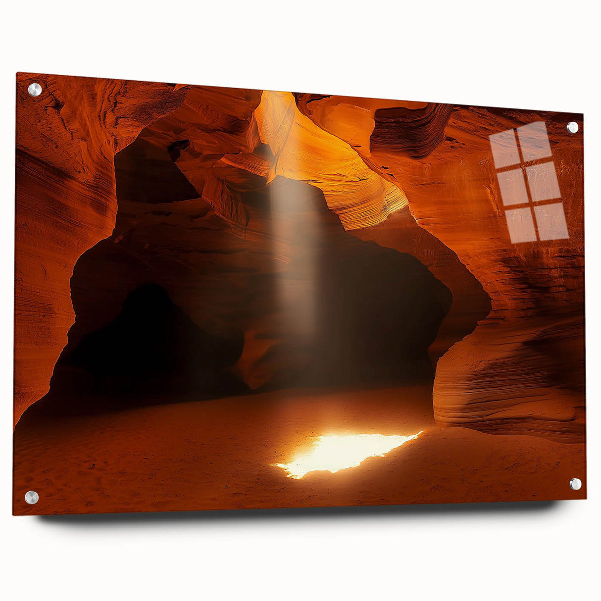 Acrylic glass artwork showcasing a vibrant cave landscape design, viewed from the side with decorative pins, perfect for modern home decor.