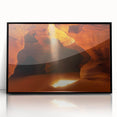 Framed acrylic artwork showcasing a stunning landscape with caves, featuring a sleek black frame. Ideal for modern home decor, adding depth and elegance to any space.