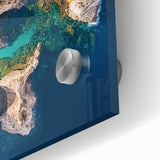 Close-up of a vibrant acrylic landscape artwork showcasing dramatic cliffs against a blue sky, highlighting intricate textures and colors for a stunning visual impact.