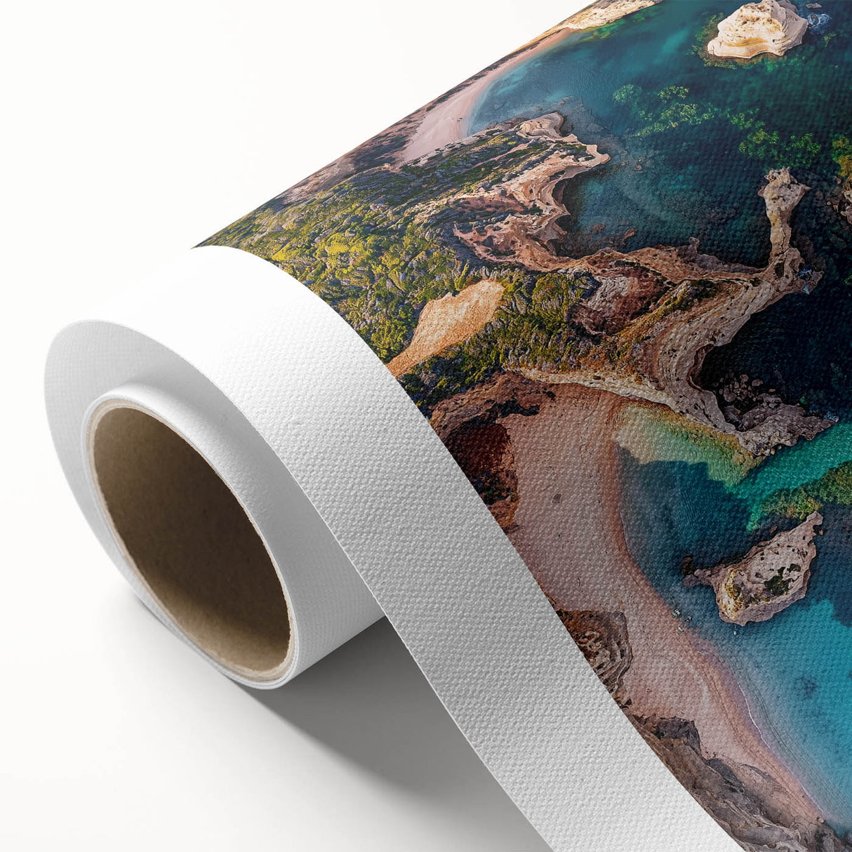 Stunning rolled canvas depicting a dramatic landscape of cliffs against a vibrant sunset, ideal for home decor, showcasing rich colors and fine details.