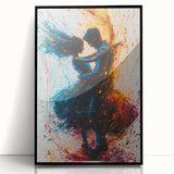 Framed abstract figurative wall art with a black acrylic finish, showcasing dynamic shapes and colors, perfect for modern home decor and artistic expression.