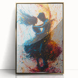 Abstract figurative wall art framed in gold acrylic, showcasing vibrant colors and dynamic shapes, perfect for modern home decor and artistic expression.