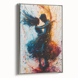 Framed abstract figurative wall art in silver finish, showcasing dynamic shapes and vibrant colors, ideal for modern home decor and artistic expression.