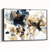 Framed canvas wall art showcasing an abstract floral design with vibrant colors and intricate details, viewed from the side against a neutral background. Ideal for modern home decor, this piece adds a touch of elegance and creativity to any room.