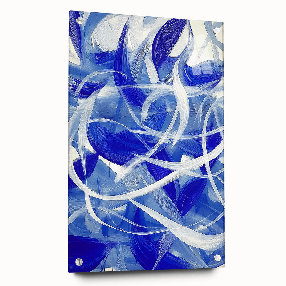 Abstract geometric acrylic glass artwork showcasing a vibrant design in bold colors, viewed from the side and secured with decorative pins, perfect for modern decor.