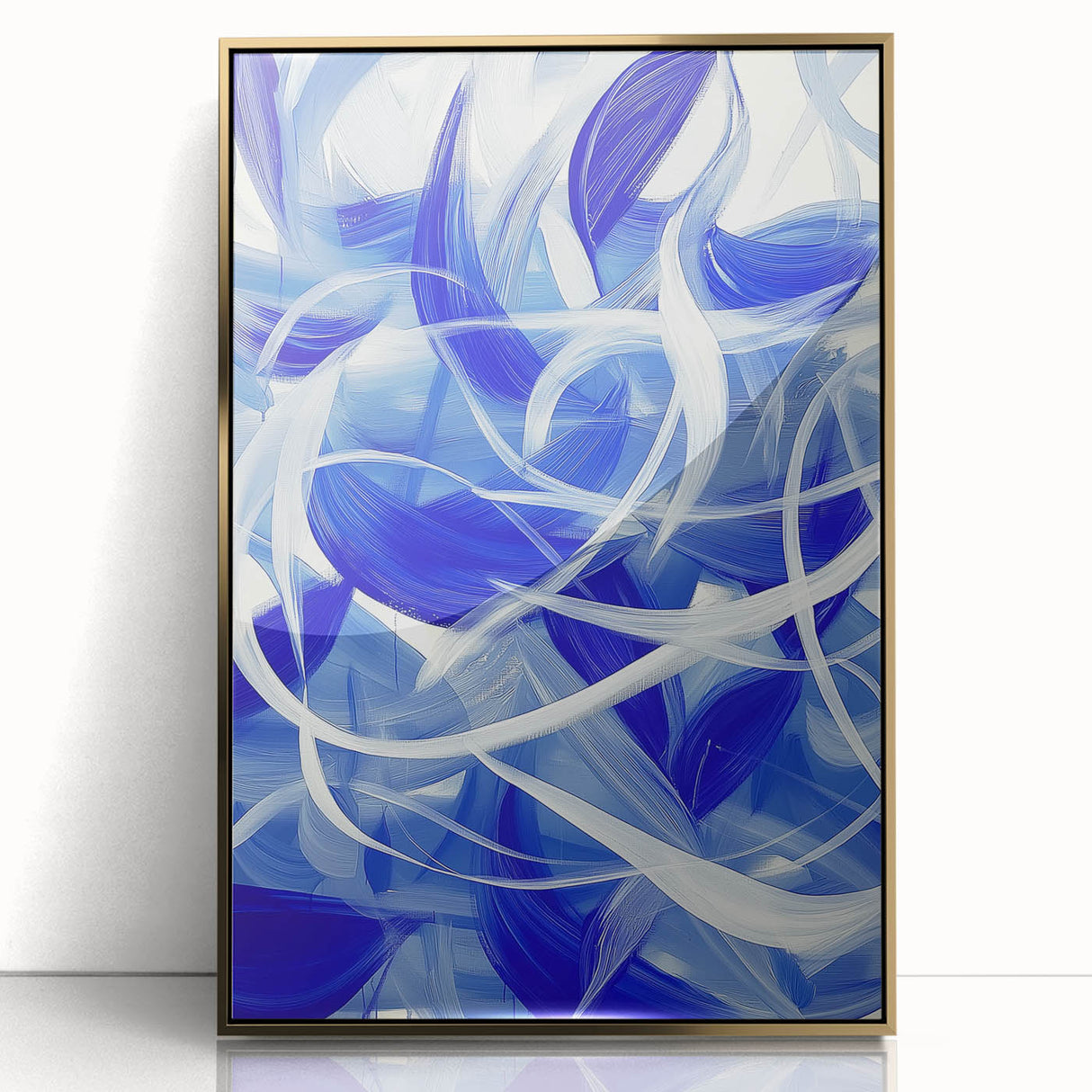 Framed abstract geometric art piece with gold accents, showcasing a modern design in a sleek acrylic frame, perfect for contemporary home decor.