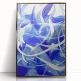 Framed abstract geometric art piece with gold accents, showcasing a modern design in a sleek acrylic frame, perfect for contemporary home decor.
