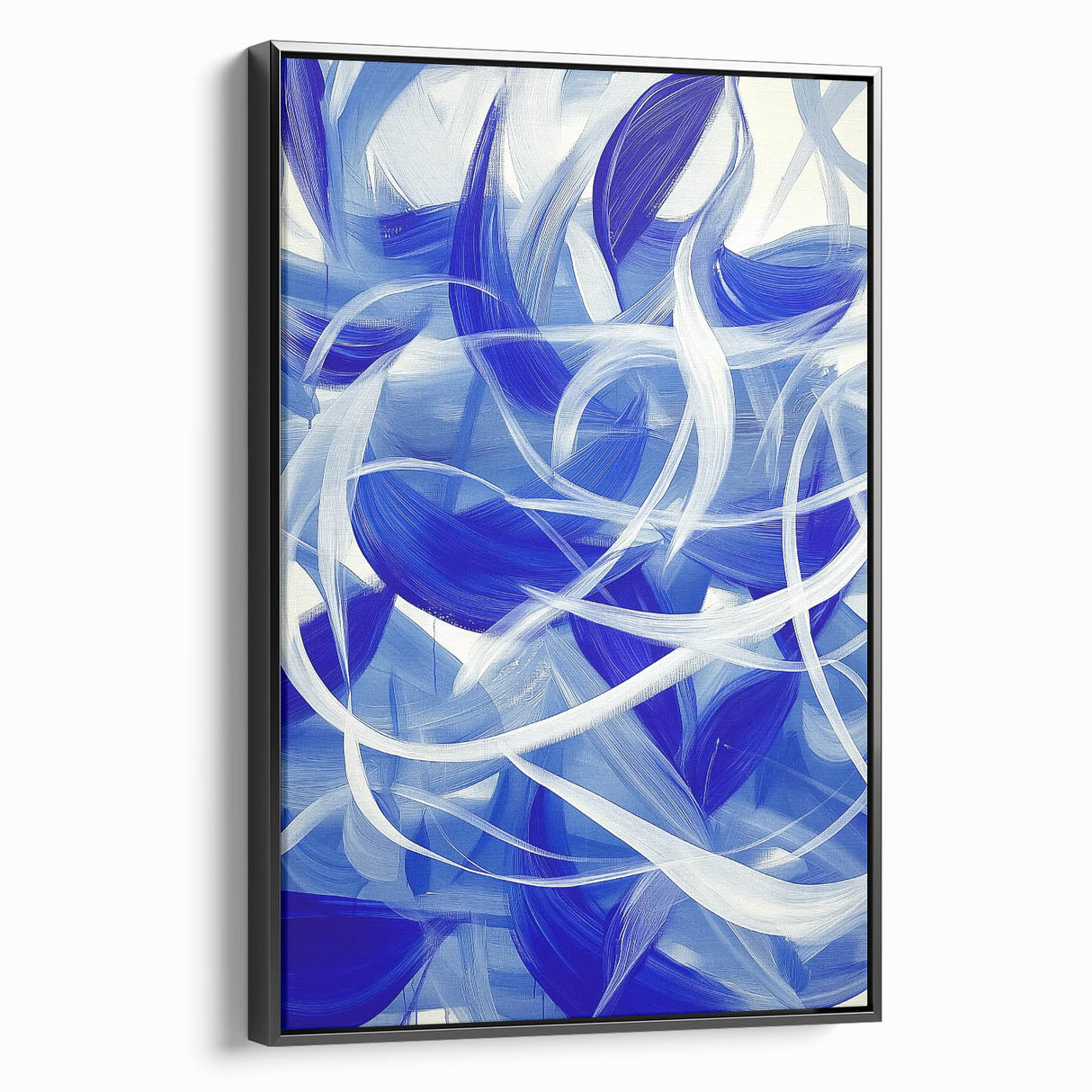 Abstract geometric framed canvas artwork showcasing a sleek black design, viewed from the side, emphasizing its modern aesthetic and stylish decor potential. Ideal for contemporary spaces and art enthusiasts.