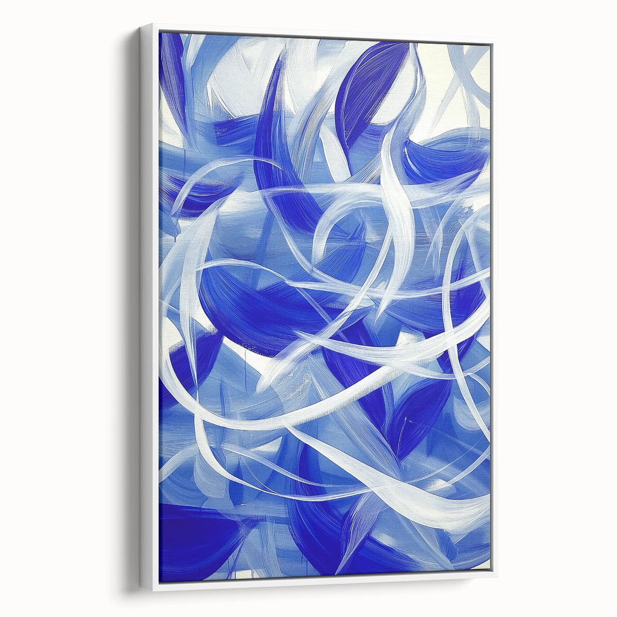 Abstract geometric framed canvas artwork showcasing a modern design with white and soft gray tones, ideal for contemporary home decor. Side view highlights the frame's clean lines and elegant finish, enhancing any living space with a stylish touch.