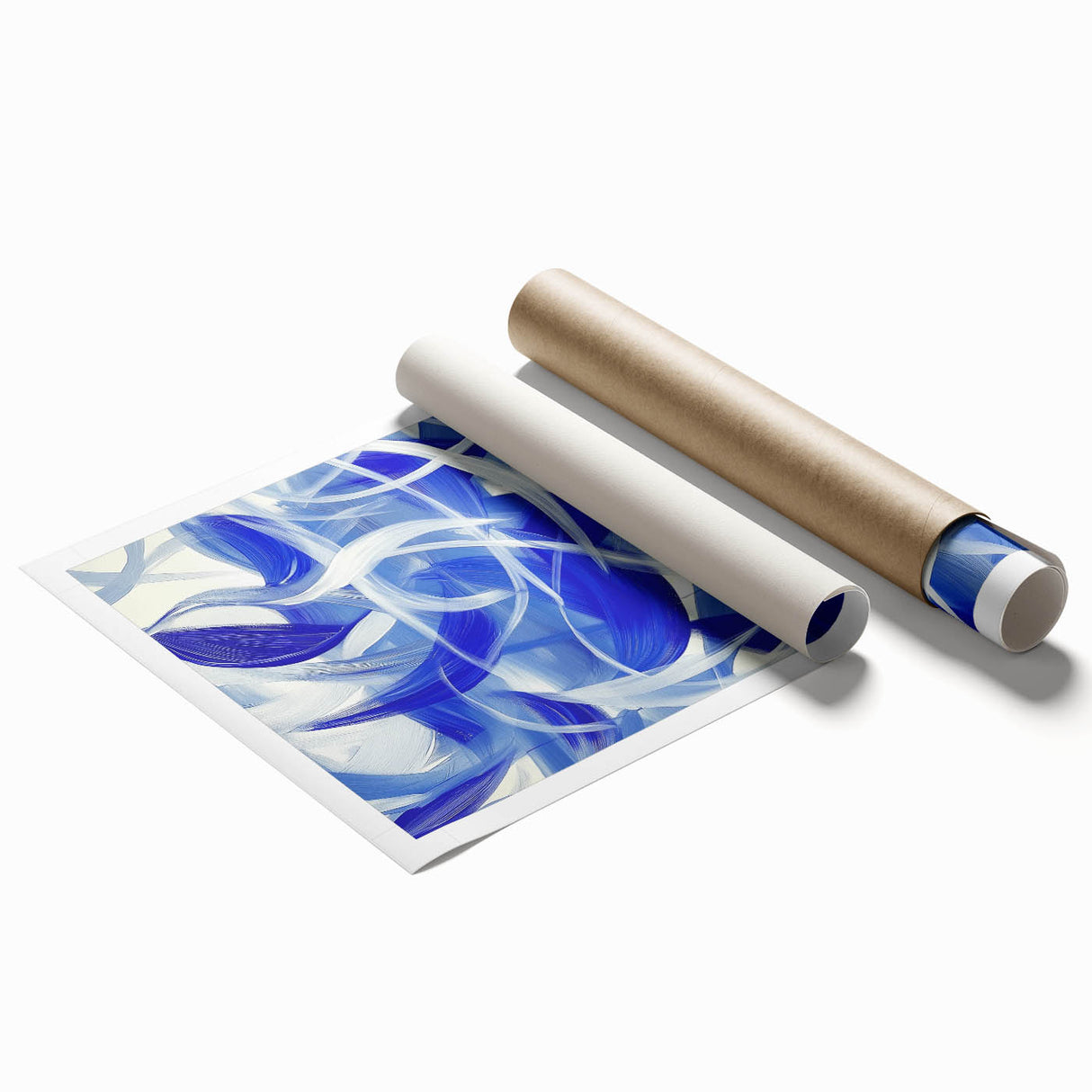 Abstract geometric rolled print showcasing vibrant colors and intricate patterns, elegantly packaged in a protective cardboard tube for easy display and shipping.