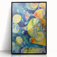 Large abstract wall art featuring assorted fruits in bold colors on a black acrylic framed print.