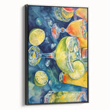 Black and white vintage poster art on framed canvas featuring assorted fruits, ideal for kitchen or dining room decor.
